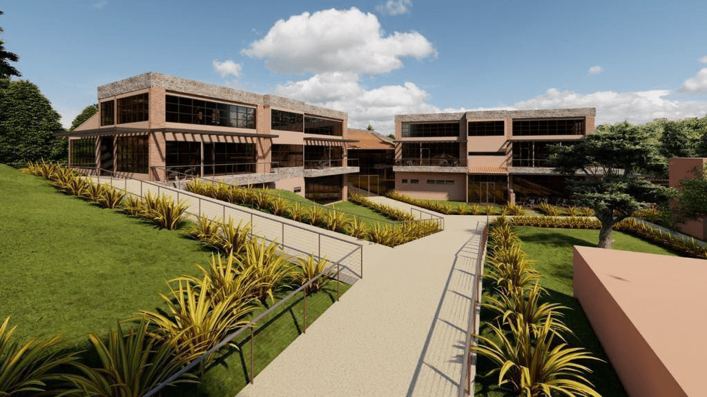 Hotel MALI - Render arquitectónico del complejo hotelero con fachada en ladrillo y zonas verdes en Marinilla